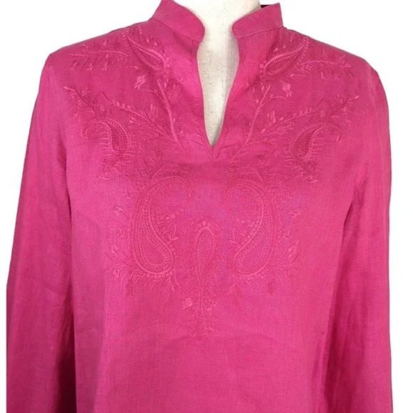 Ralph Lauren Fuchsia embroidered front, split neck, long sleeve linen tunic/2-3X - Picture 1 of 4